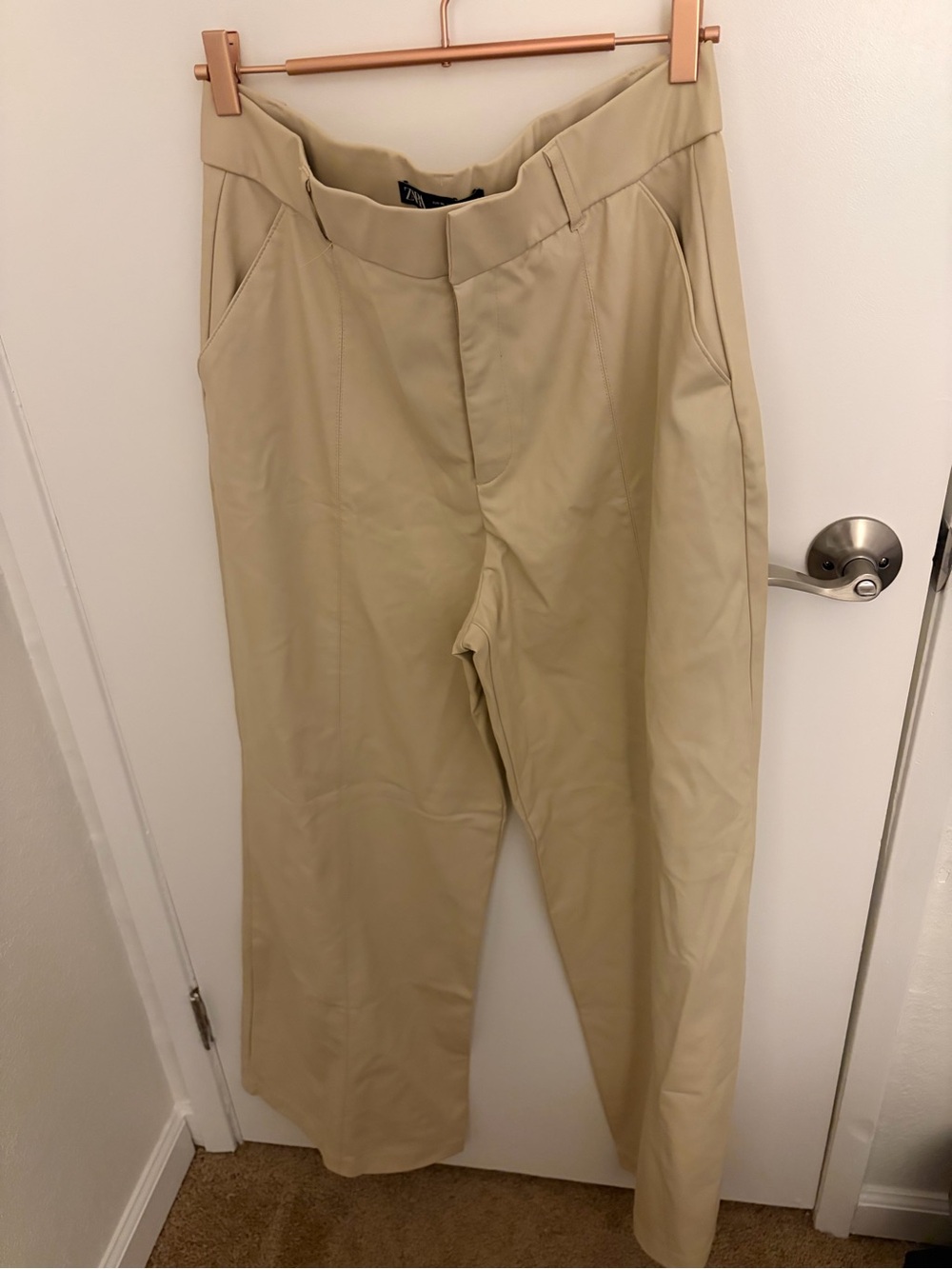 Zara Tan Straight-Leg faux leather slacks